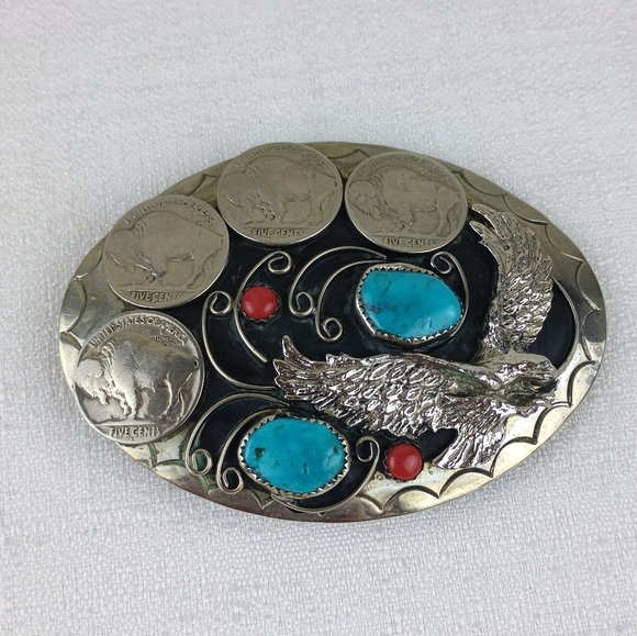Vintage America Accessories - Eagle Belt Buckle. Nickle, Red Coral, Genuine Turquoise Handcrafted USA.